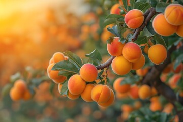 In sunshine, a cluster of ripe apricots has dew on its branches. 