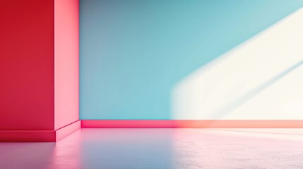  a room with a blue and pink wall and a red and blue wall with a light coming through the wall.