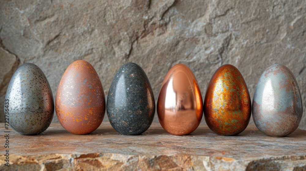Aufkleber a row of different colored eggs sitting on top of a wooden table next to a stone wall in front of a 