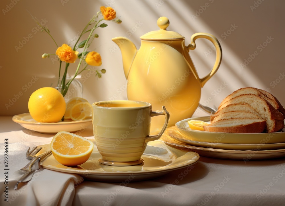 Poster  a table topped with a plate of bread next to a cup of coffee and a plate with a slice of bread.