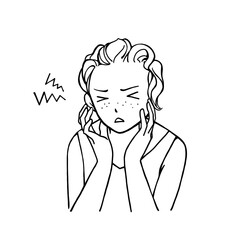 顔の肌トラブルを抱える若い女性の線画イラスト