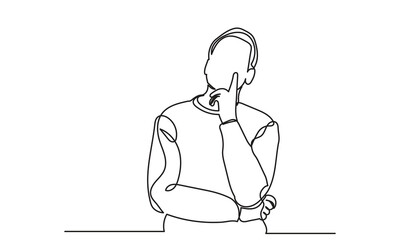 Continuous line drawings of a young man thinking.worried man thinking problem about businessman confused vector illustration. one line drawing of a thinking man.