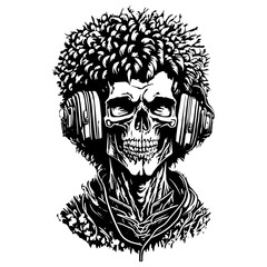 Skull head with earphone sketch art design