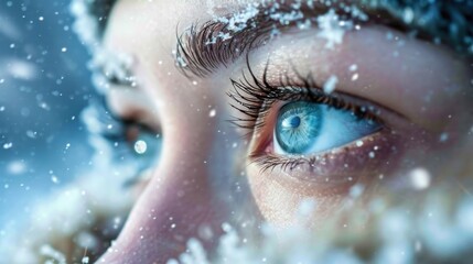  a close up of a woman's blue eyes with snow falling all over her and snow flakes all around her.