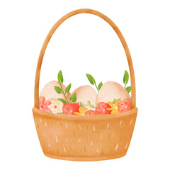 Fototapeta na wymiar Cartoon-style wooden basket with a tall handle. Woven crate filled with fresh country eggs. Adorned with green sprigs and spring flowers. Eco-friendly product. for Easter. Watercolor illustration