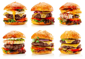 Set of fresh tasty burgers isolated on white.