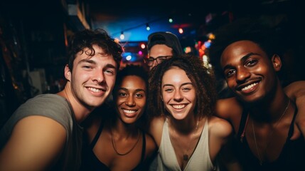 Fototapeta premium Friends of different nationalities take selfies at a party. Friendship and relationships.