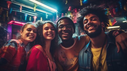 Friends of different nationalities take selfies at a party. Friendship and relationships.