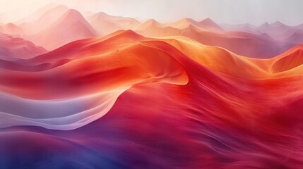  a painting of a mountain range with red, orange, and blue waves in the foreground and a light blue sky in the background.