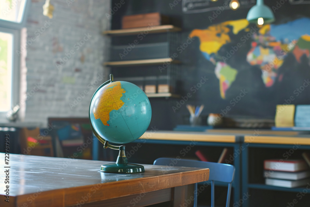 Poster student's table and chalkboard with globe stand in classroom.