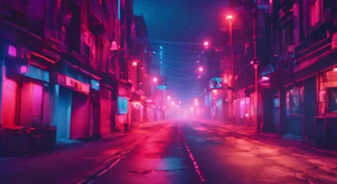 Neon colored street lights shine at night