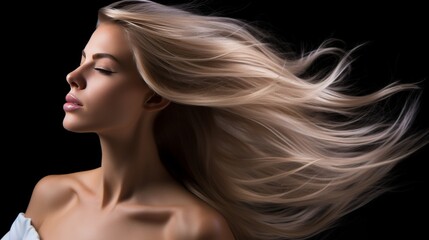 Fototapeta premium Attractive woman in light clothes with long wavy hair on a black background. Hair care. Fashion and beauty.