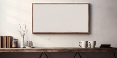 A horizontal mockup with a wood frame hangs on an off-white wall, positioned above a wooden table, creating an elegant and cohesive look in the room.
