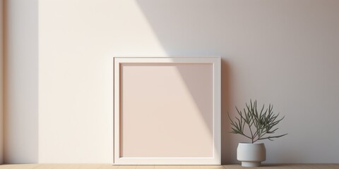 A blank mockup square frame rests on the floor against an off-white wall, with sunlight streaming in, offering a simple yet stylish setting for customization.