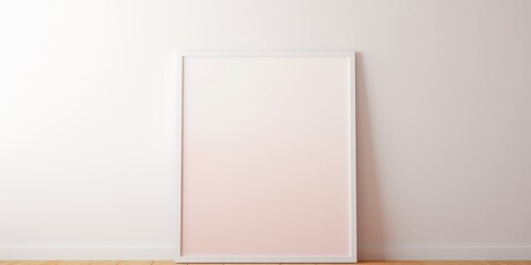 A blank mockup with a white frame is placed on a wooden floor against a white wall, providing a clean and minimalist setting for customization.