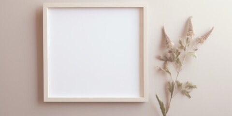 In this minimalistic and sunlit interior, the blank mockup featuring a white square frame enhances the ambiance, adorned with a touch of nature from a potted plant.
