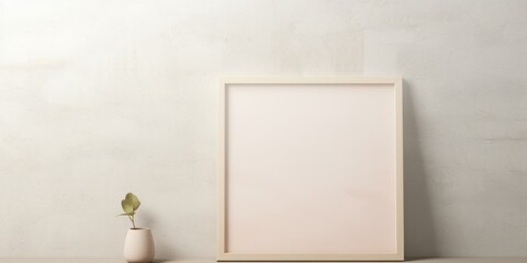 Against an off-white wall, an empty mockup featuring a square white frame sits on the floor, accompanied by a tiny potted plant, creating a simple and tasteful vignette.