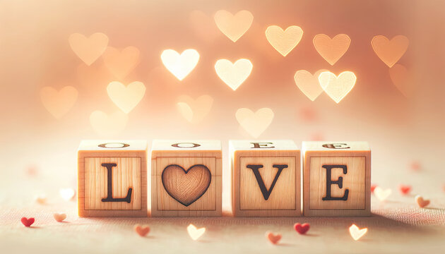Warm-toned image featuring wooden blocks spelling out the word "LOVE" with a backdrop of glowing heart-shaped bokeh lights.
