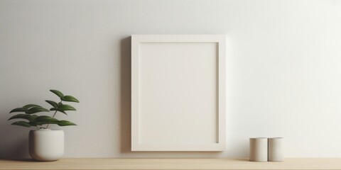 Obraz na płótnie Canvas In this minimalist setup, a small white frame blank mockup stands against a clean white wall, providing a perfect canvas for customization.