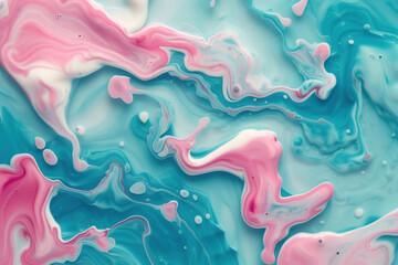 Minimalist pink and teal liquid ink swirl abstract background. Ravishing turbulence wavy pattern. Background image. Created with Generative AI technology - obrazy, fototapety, plakaty