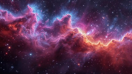  a large cluster of stars in the middle of a space filled with pink, blue, and red stars and dust.