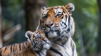 Naklejka premium Portrait of a male tiger with a little tiger cub, background image, generative AI