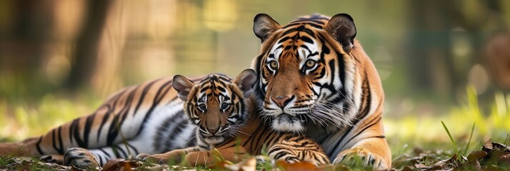 Portrait of a male tiger with a little tiger cub, background image, generative AI - obrazy, fototapety, plakaty