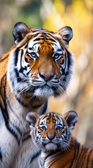 Fototapeta premium Portrait of a male tiger with a little tiger cub, background image, generative AI