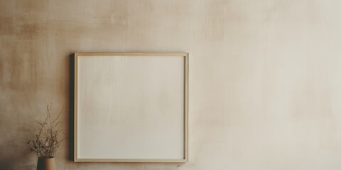 In this customizable mockup, a wooden-framed canvas stands against an empty wall, accompanied by a small potted plant.