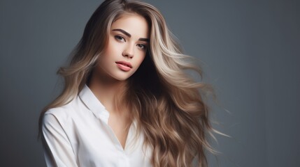 Naklejka premium Attractive woman in a white business suit with long wavy hair. Hair care. Fashion and beauty.