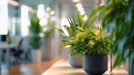 Fototapeta premium Office Plantscape, Showcase a variety of indoor plants strategically placed around the office, background image, generative AI