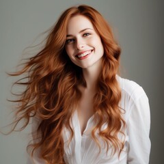 Fototapeta premium Attractive woman in a white business suit with long wavy hair. Hair care. Fashion and beauty.