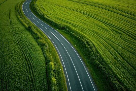 a highway in a green wheat field Aerial view