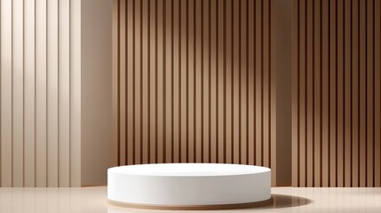 A Realistic brown wood and white 3D cylinder pedestal podium with vertical wood pattern background. Abstract