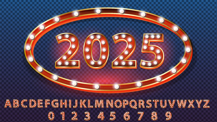 2024 New Year numbers with lamp bulb, retro style. vector