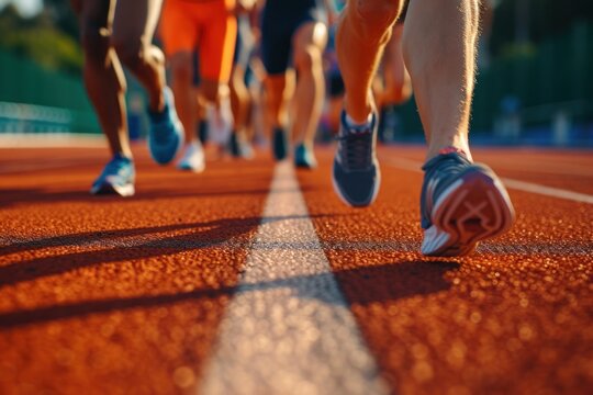 Athletes starting on a running track - Powered by Adobe