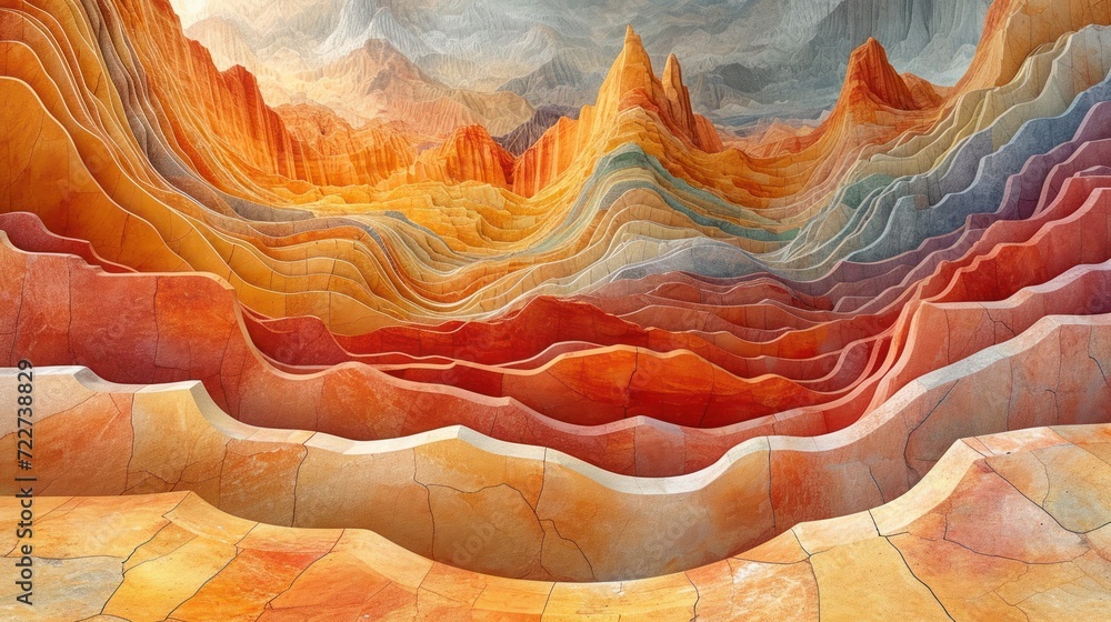 Poster a painting of a mountain range with many layers of different colors and sizes of rocks and mountains