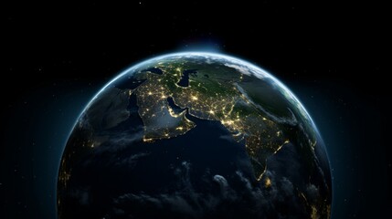 Stunning aerial view of Earth at night showing illuminated cities and human activity from space.