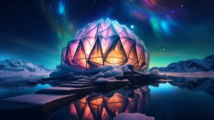 Fotobehang A glowing geodesic dome structure stands under a vivid aurora borealis in a snowy landscape at night. © red_orange_stock