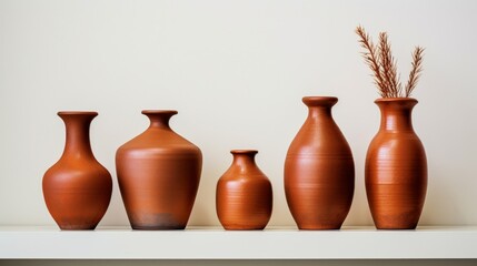 Fototapeta na wymiar Simple and elegant terracotta vases arranged on a white shelf against a neutral background.
