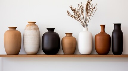 A collection of diverse styled vases on a wooden shelf, displayed against a clean white wall. - obrazy, fototapety, plakaty