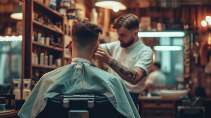 Obraz premium photograph of Hairstylist serving client at barber shop telephoto lens natural lighting --ar 16:9 --v 6 Job ID: 8acab6bf-3cdb-49ef-a1b8-43f43e77f3f4