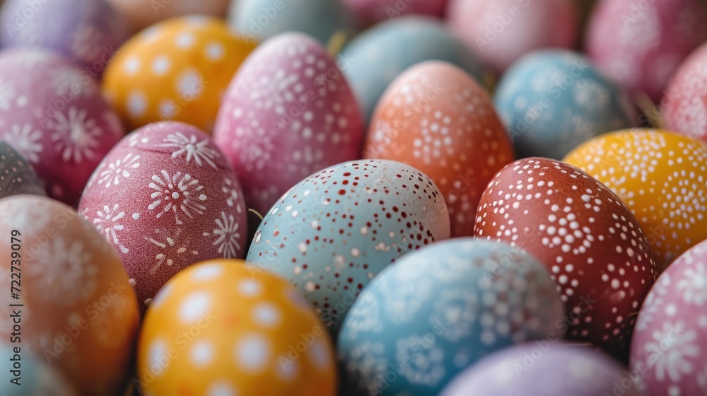 Poster a close up of a bunch of colorful eggs with snowflake designs on them and one egg in the middle of t
