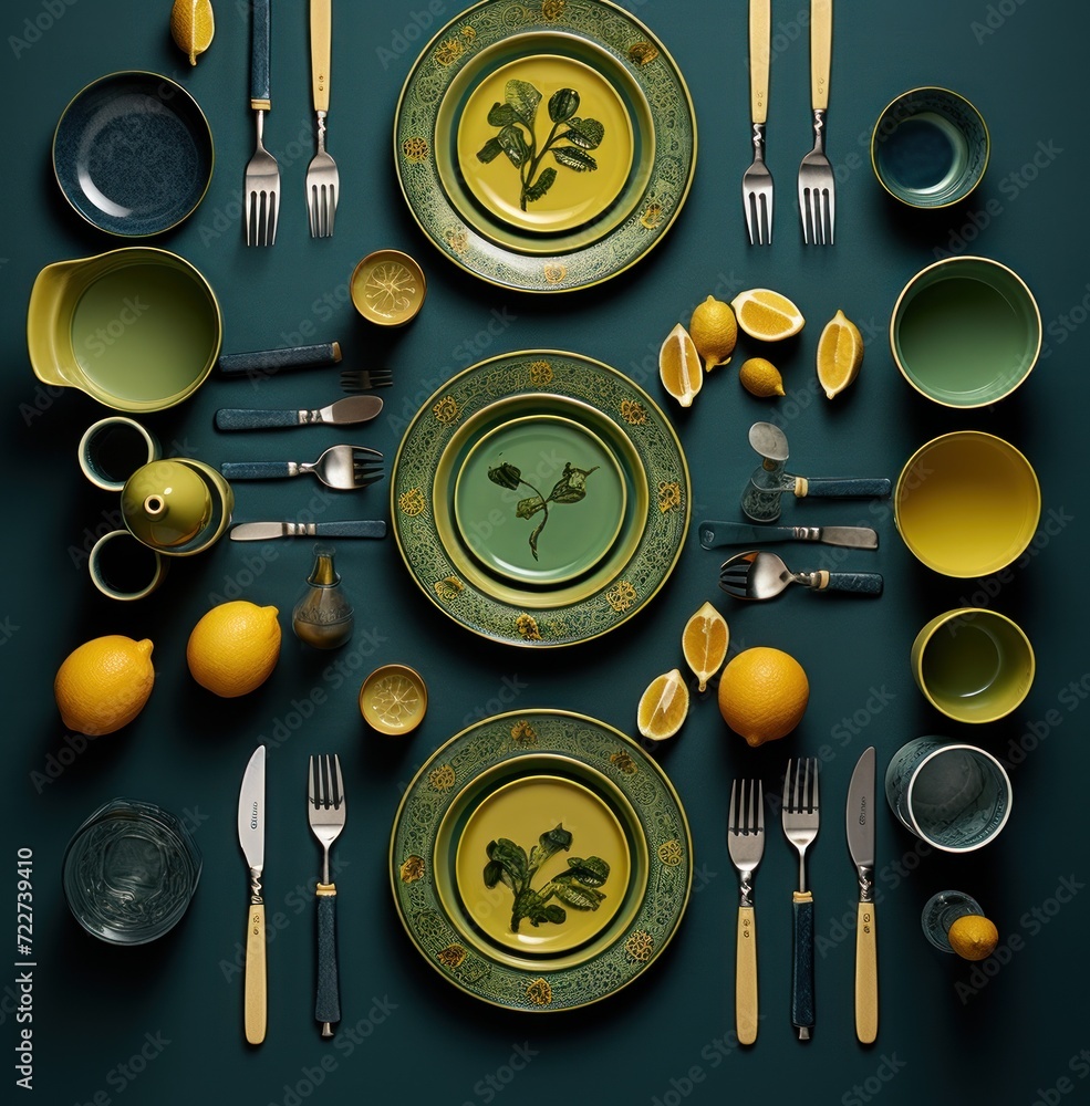 Poster a table set with yellow and green plates and silverware and silverware with lemons and lemon wedges.