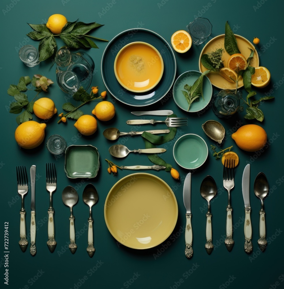 Poster a table topped with plates and silverware next to lemons and oranges on top of a green surface.