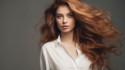 Fototapeta premium Attractive woman in a white business suit with long wavy hair. Hair care. Fashion and beauty.