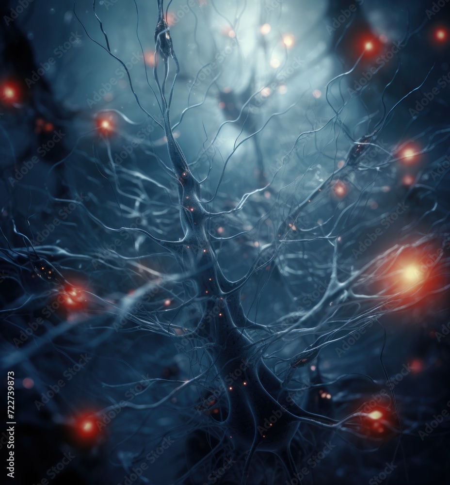 Poster neurons in the dark with glowing lights. generative ai.
