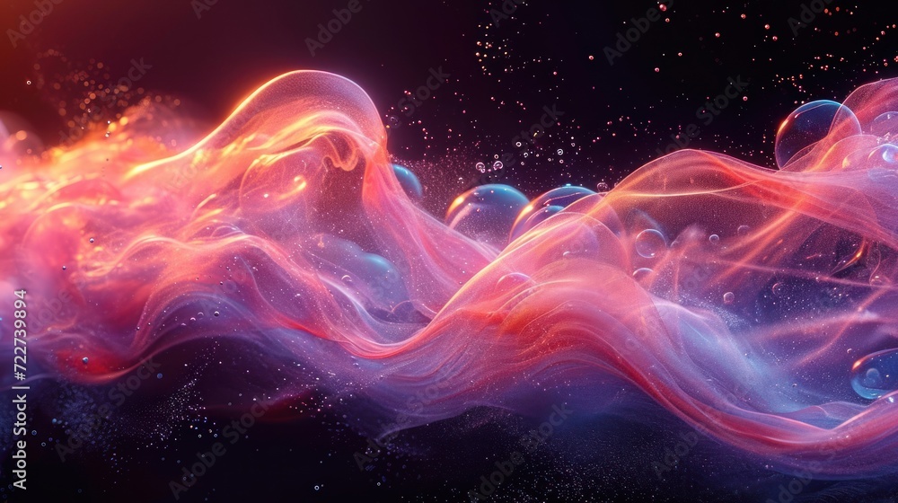 Poster a computer generated image of pink and blue swirls and bubbles on a black background with a red cent