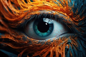 An artistic image of a blue eye with orange feathers. Generative AI.