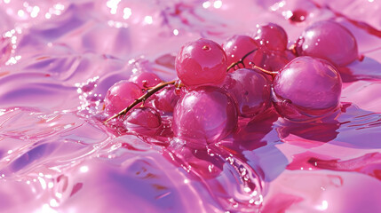  a bunch of pink grapes floating on top of a body of water with drops of water on the top of them.